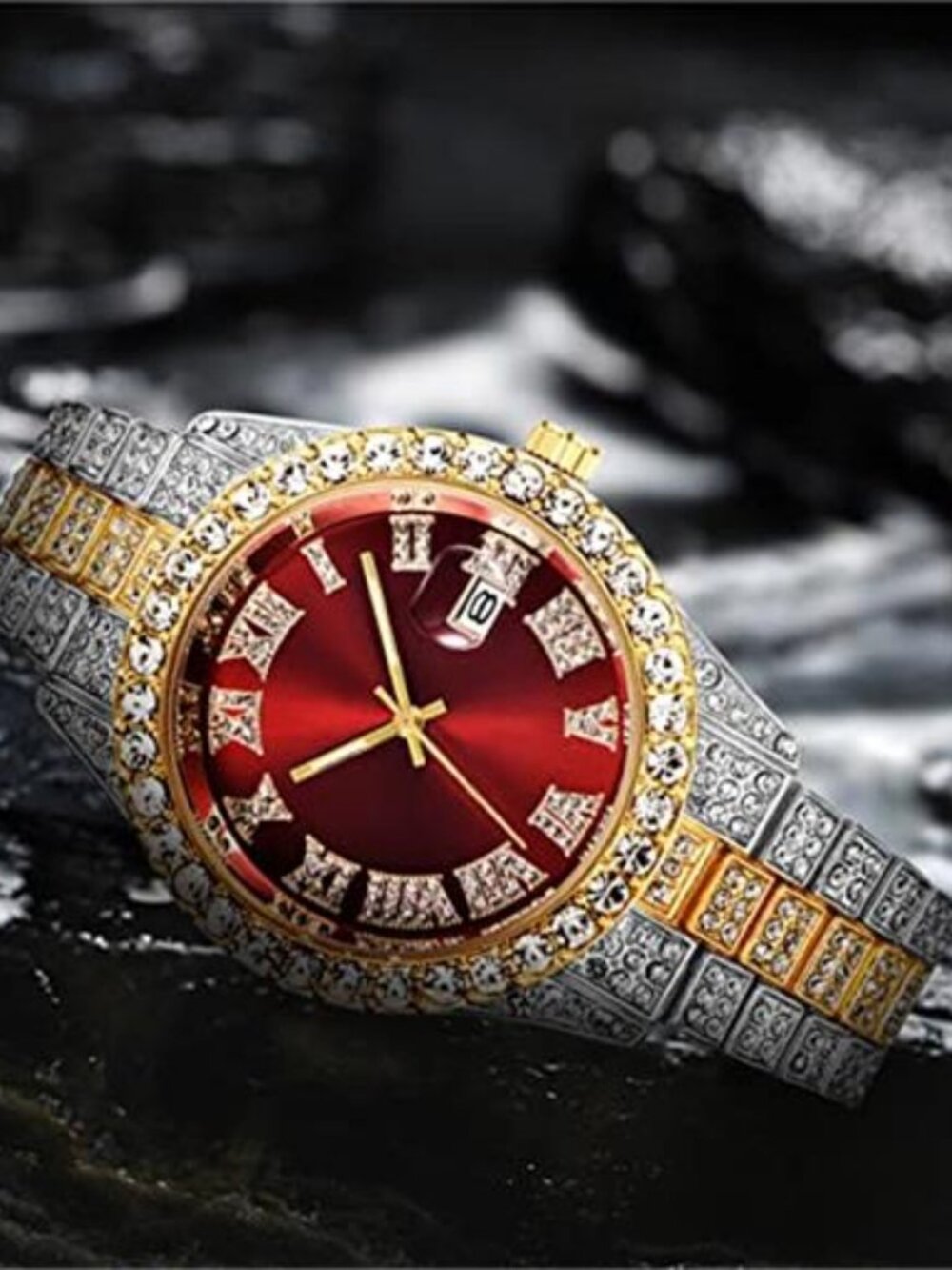 Men Hip Hop Watch with Roman Scale Calendar Crystal Rhinestone Watches - Picture 3 of 3